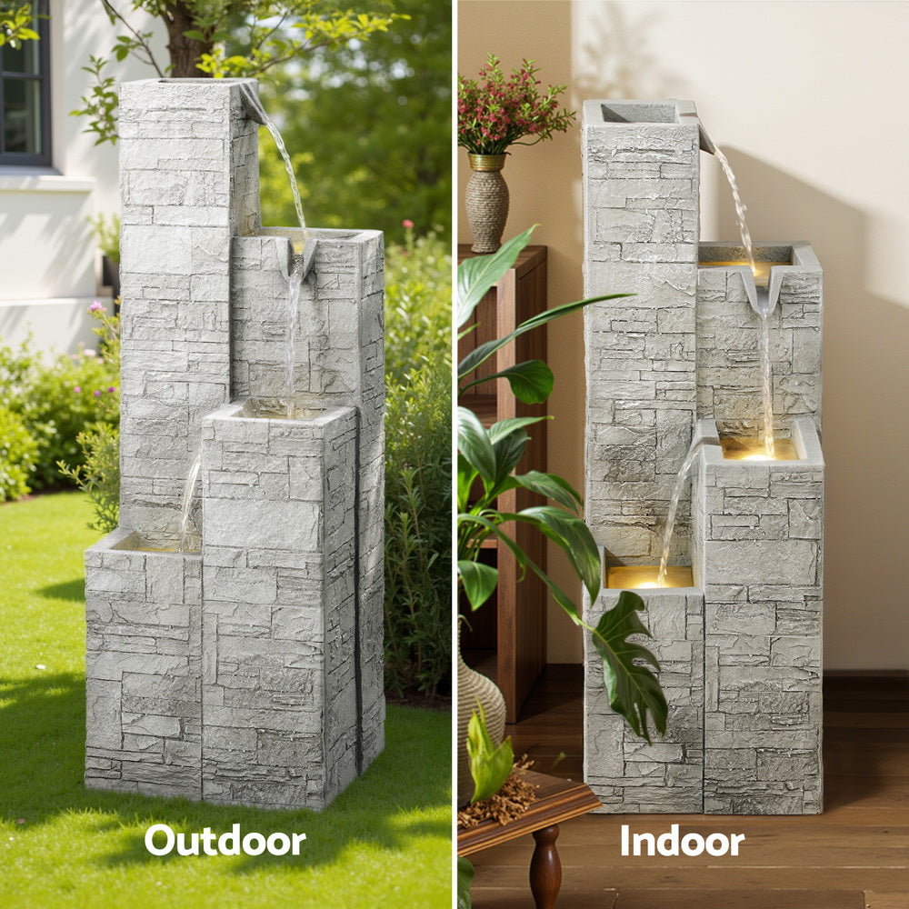 Gardeon Solar Fountain Water Feature Outdoor Indoor 4-Tier Square Cascading Beige Awezingly
