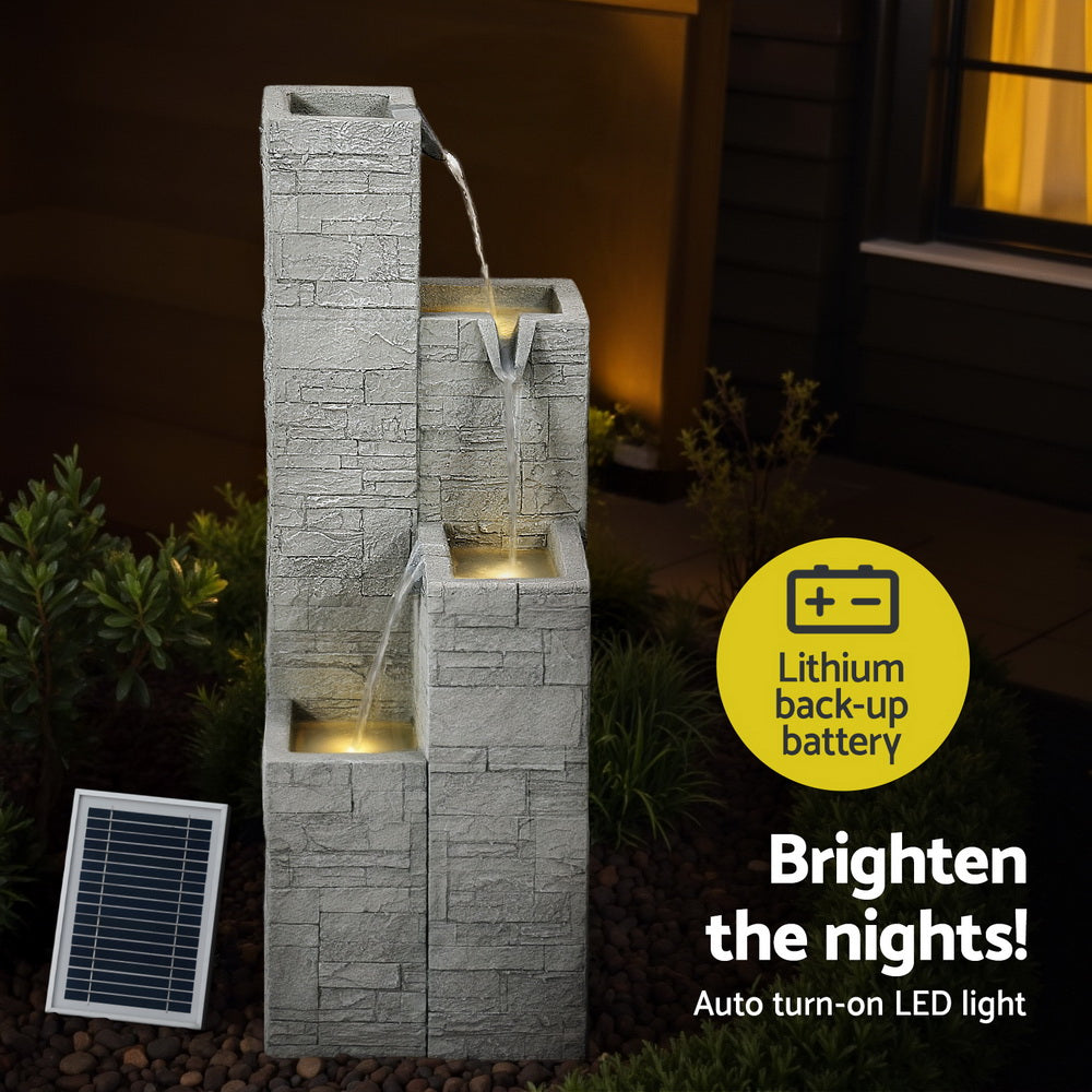 Gardeon Solar Fountain Water Feature Outdoor Indoor 4-Tier Square Cascading Beige Awezingly