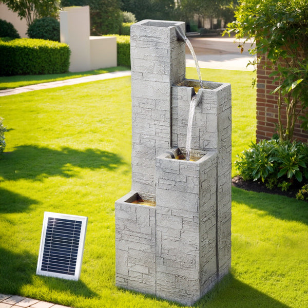 Gardeon Solar Fountain Water Feature Outdoor Indoor 4-Tier Square Cascading Beige Awezingly