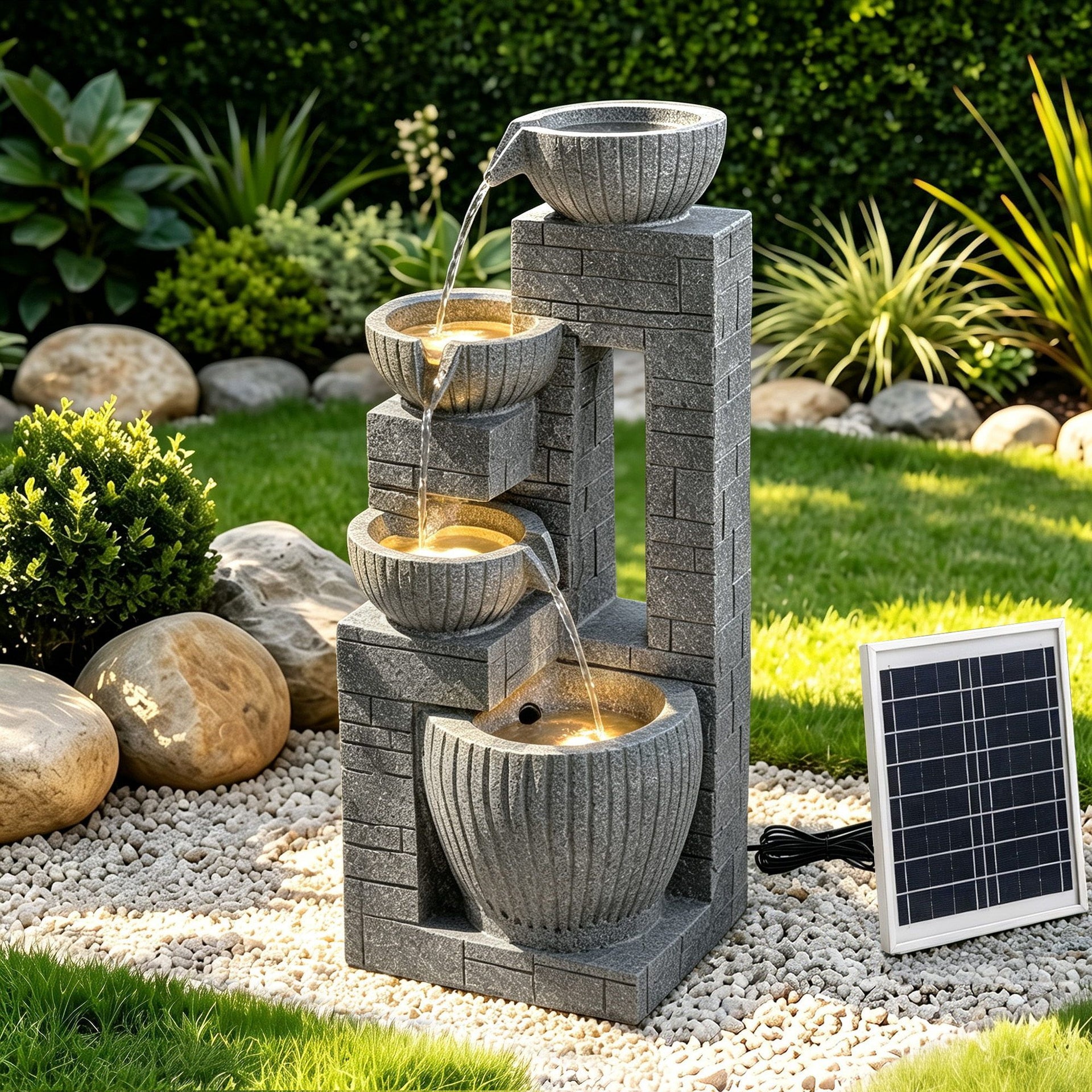 Gardeon Solar Fountains Water Features Cascading Design Polyresin 80cm Grey Awezingly