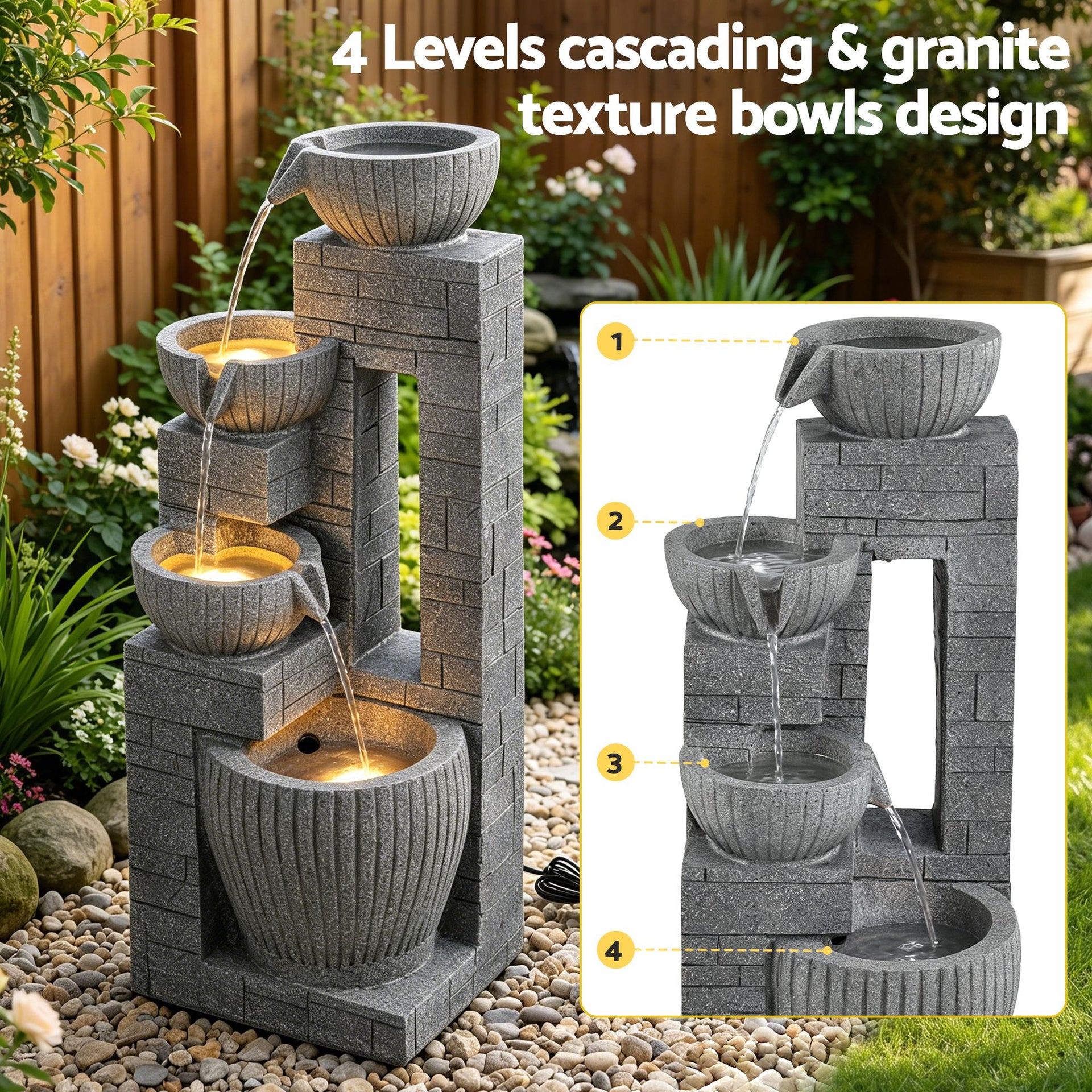 Gardeon Solar Fountains Water Features Cascading Design Polyresin 80cm Grey Awezingly