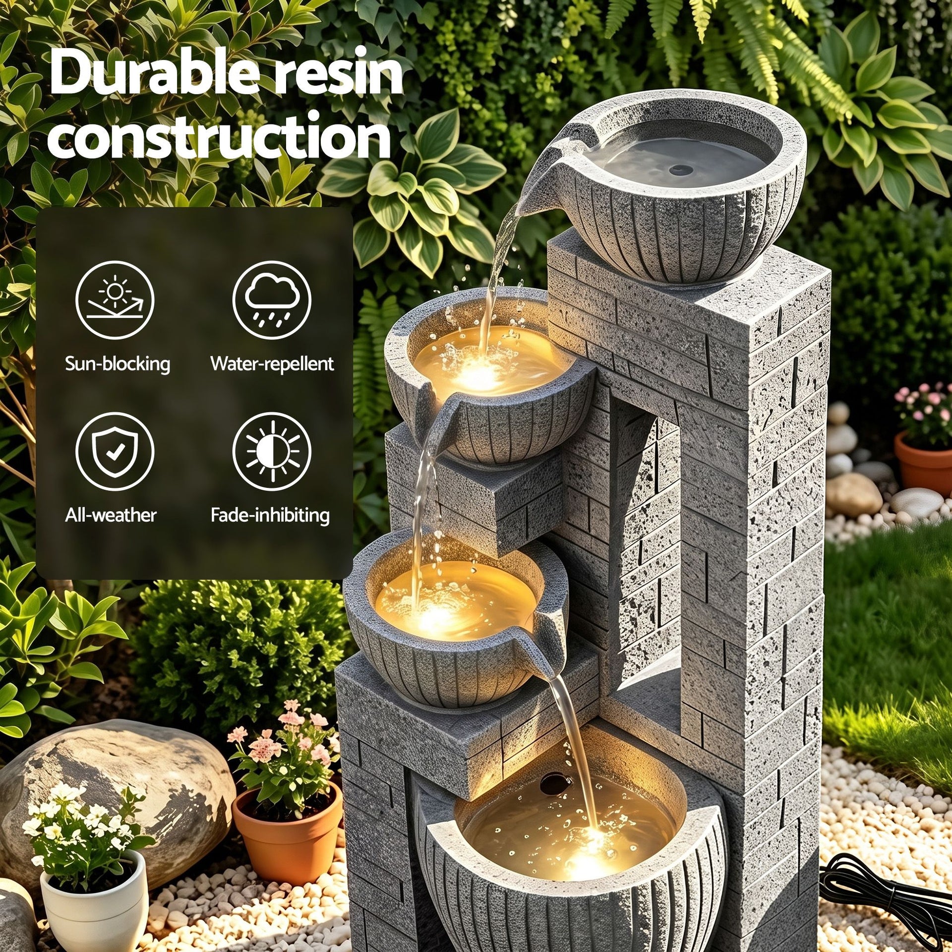 Gardeon Solar Fountains Water Features Cascading Design Polyresin 80cm Grey Awezingly