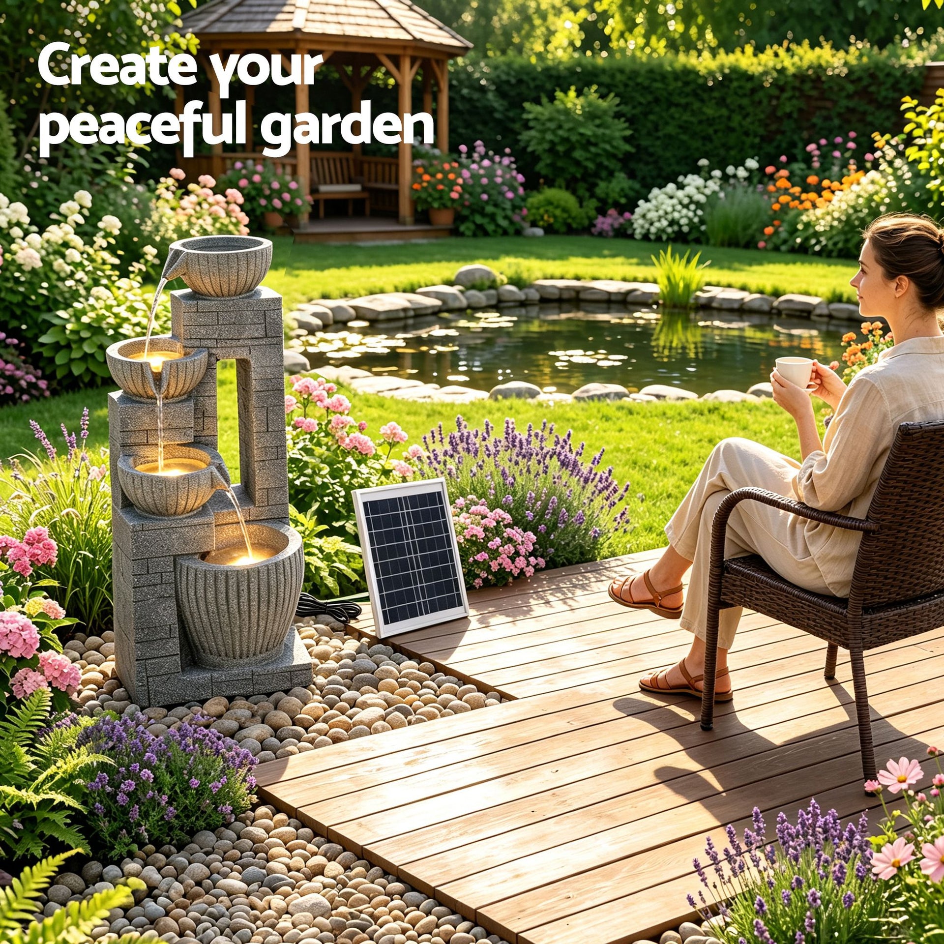 Gardeon Solar Fountains Water Features Cascading Design Polyresin 80cm Grey Awezingly