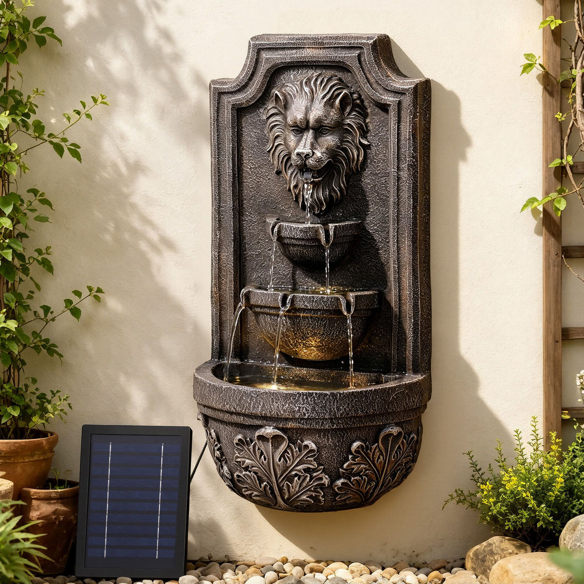 Gardeon Solar Fountain Water Feature Lion Head Wall Fountain 67cm Brown Awezingly
