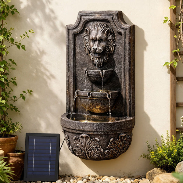 Gardeon Solar Fountain Water Feature Lion Head Wall Fountain 67cm Brown Awezingly