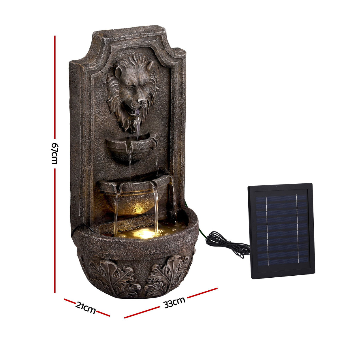 Gardeon Solar Fountain Water Feature Lion Head Wall Fountain 67cm Brown Awezingly