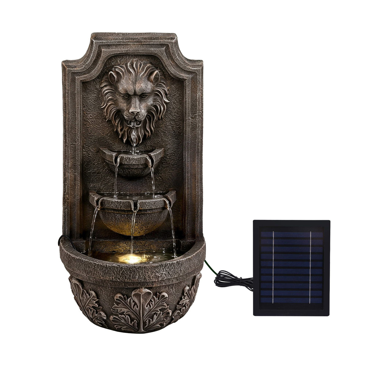 Gardeon Solar Fountain Water Feature Lion Head Wall Fountain 67cm Brown Awezingly
