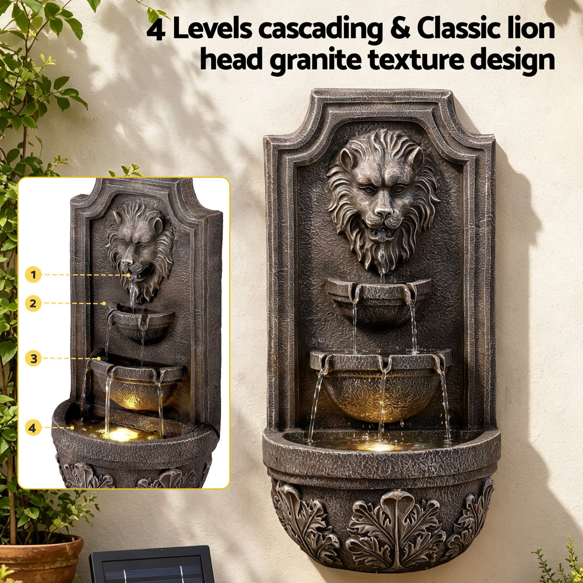 Gardeon Solar Fountain Water Feature Lion Head Wall Fountain 67cm Brown Awezingly