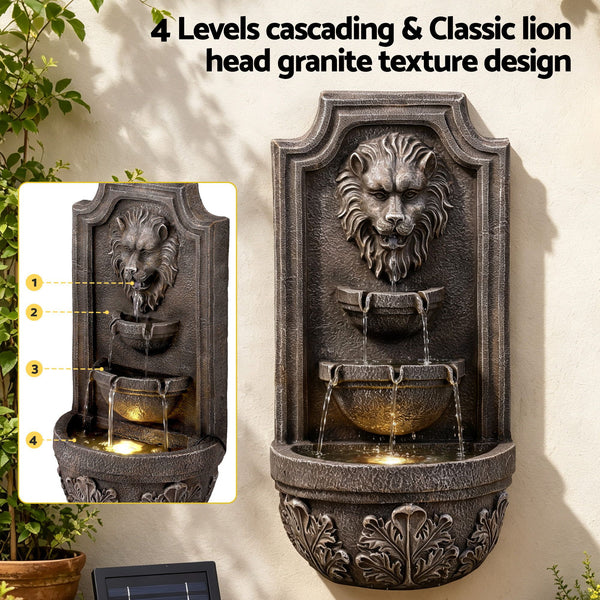 Gardeon Solar Fountain Water Feature Lion Head Wall Fountain 67cm Brown Awezingly