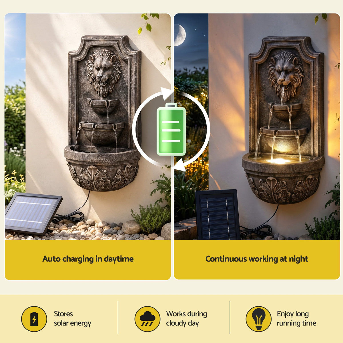 Gardeon Solar Fountain Water Feature Lion Head Wall Fountain 67cm Brown Awezingly