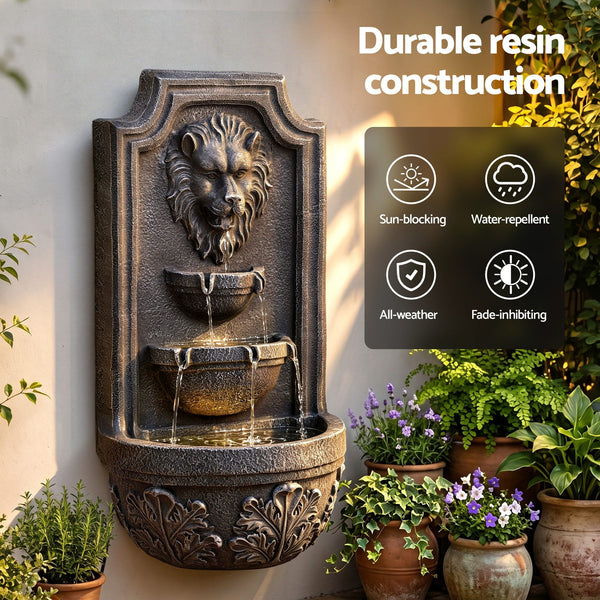 Gardeon Solar Fountain Water Feature Lion Head Wall Fountain 67cm Brown Awezingly