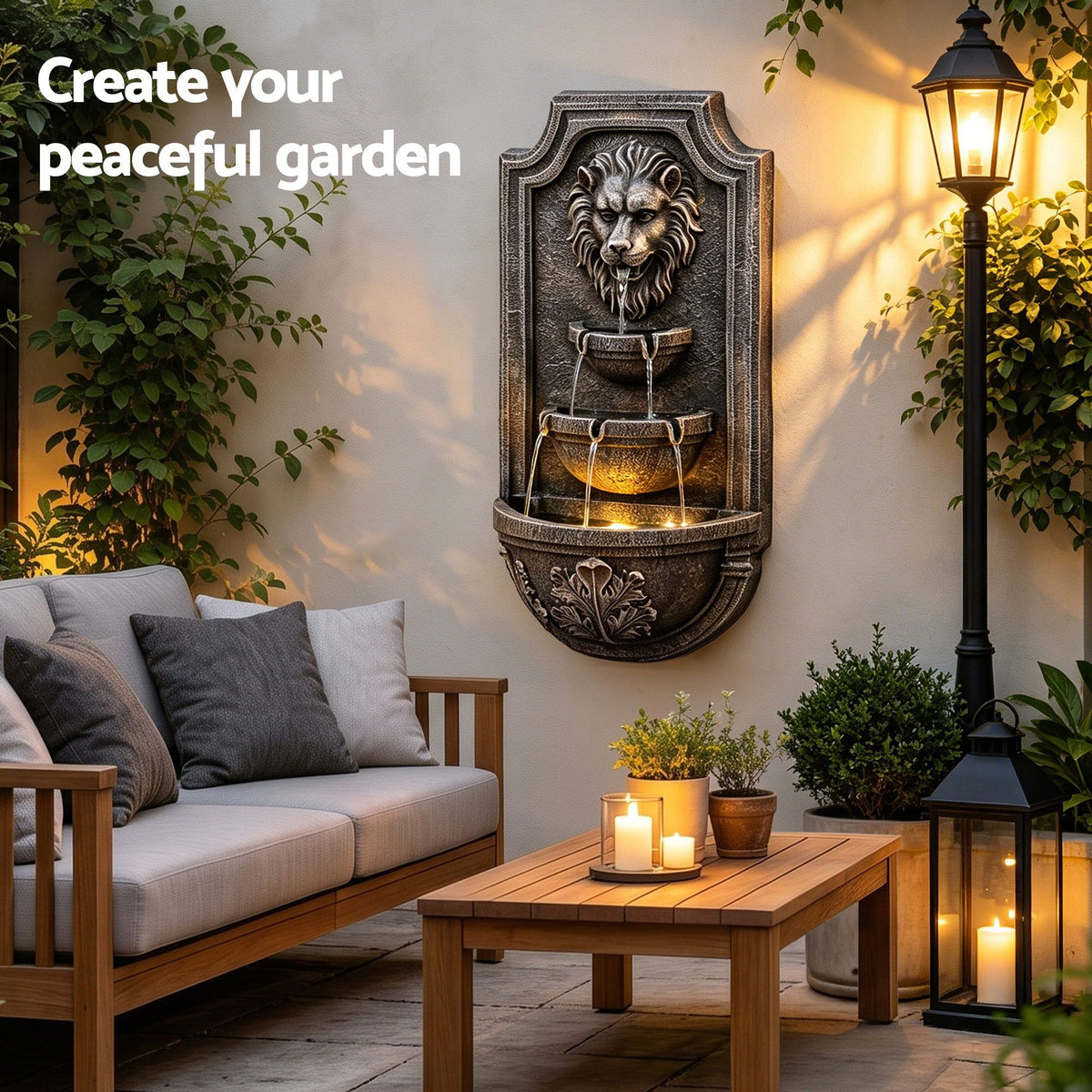 Gardeon Solar Fountain Water Feature Lion Head Wall Fountain 67cm Brown Awezingly
