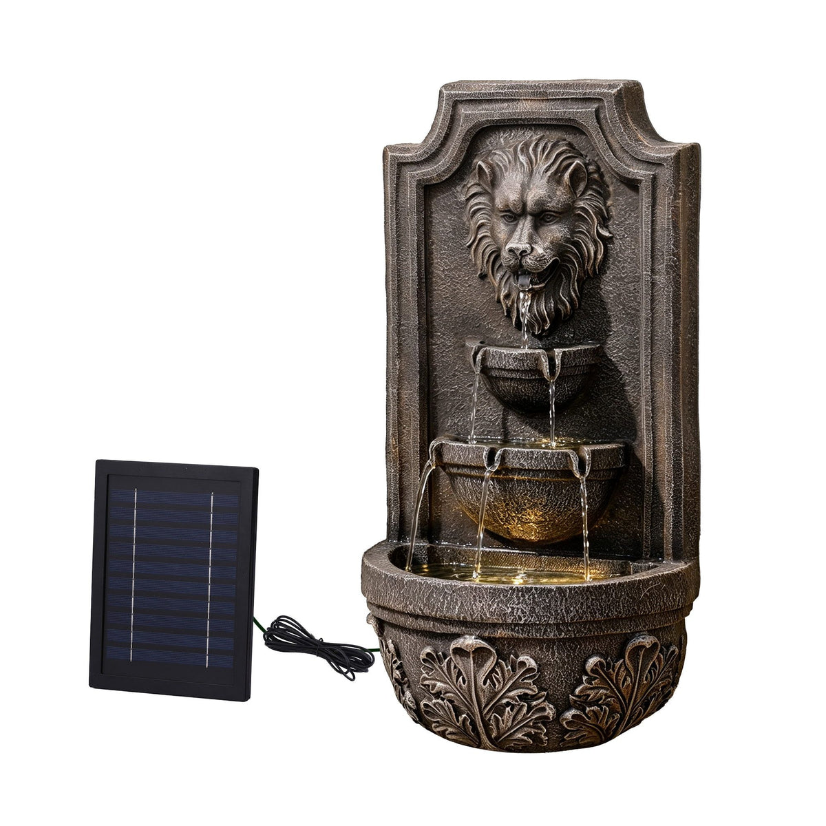 Gardeon Solar Fountain Water Feature Lion Head Wall Fountain 67cm Brown Awezingly