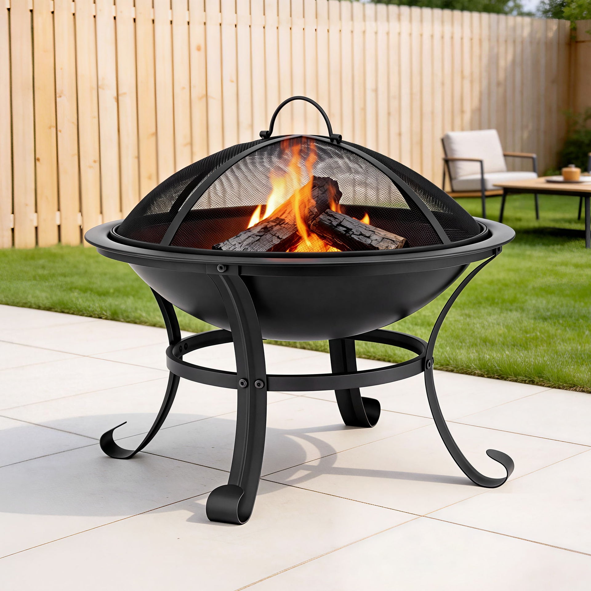 Grillz Fire Pit with Mesh Lid and Fire Picker BBQ Grill Wood Burning Outdoor Camping Awezingly