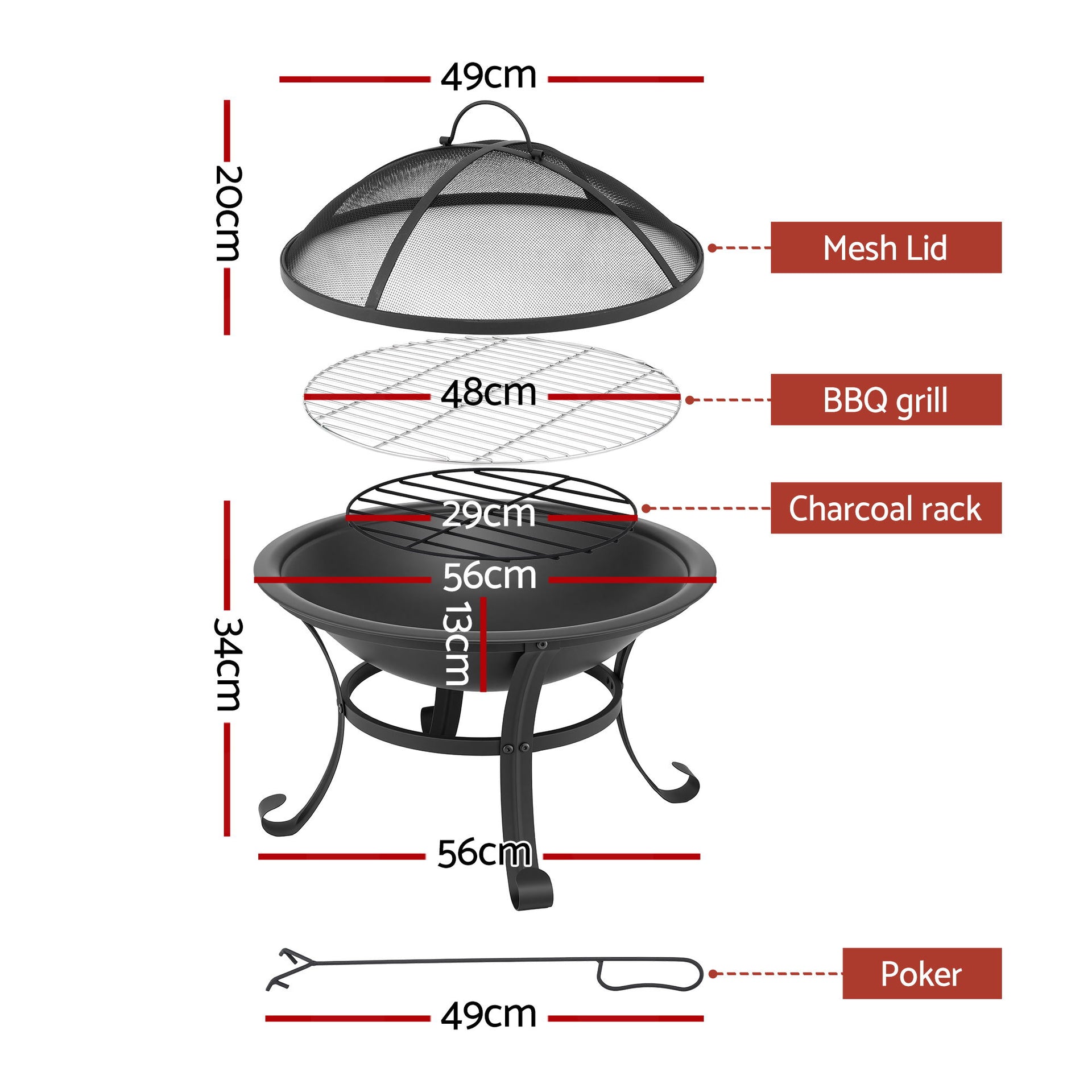 Grillz Fire Pit with Mesh Lid and Fire Picker BBQ Grill Wood Burning Outdoor Camping Awezingly