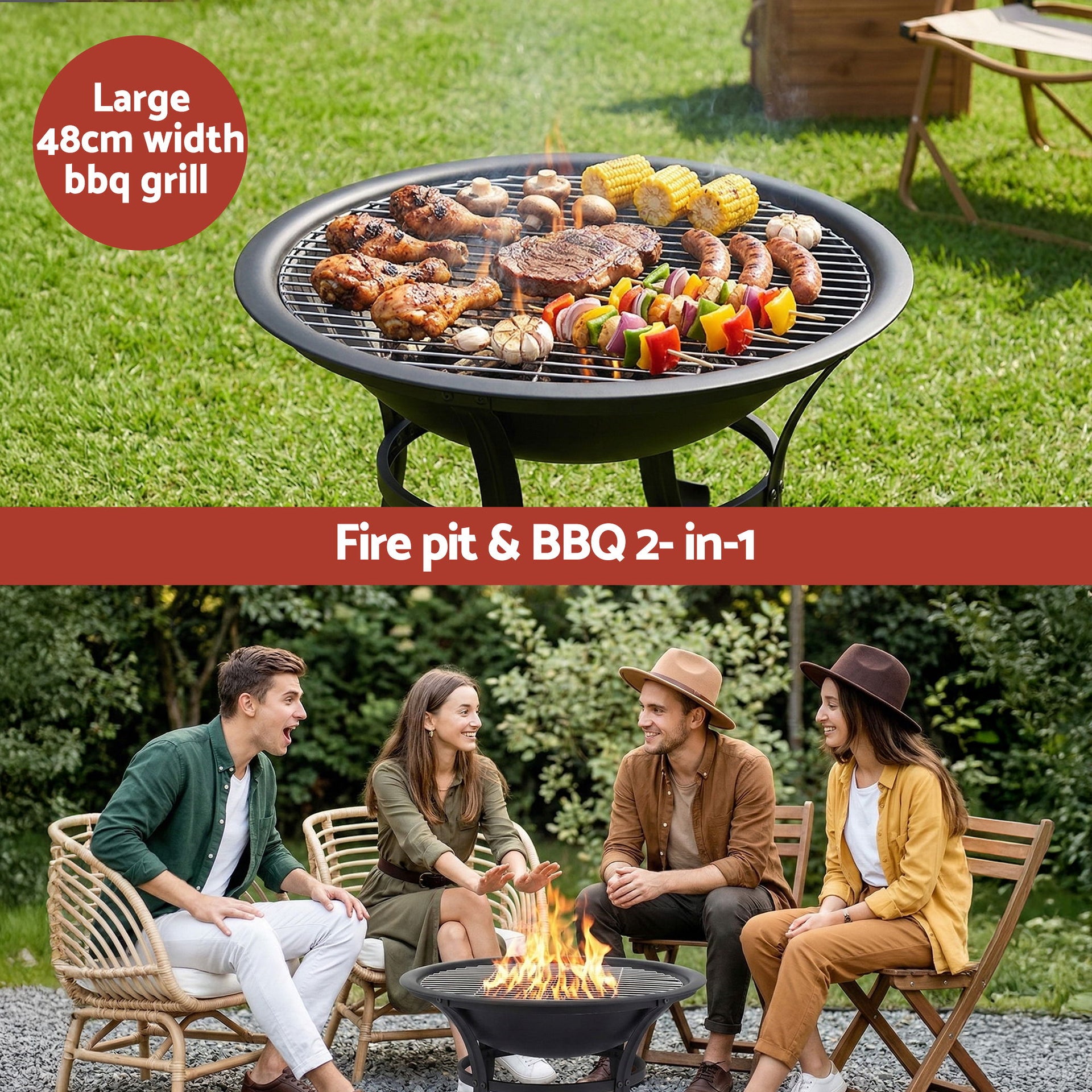 Grillz Fire Pit with Mesh Lid and Fire Picker BBQ Grill Wood Burning Outdoor Camping Awezingly