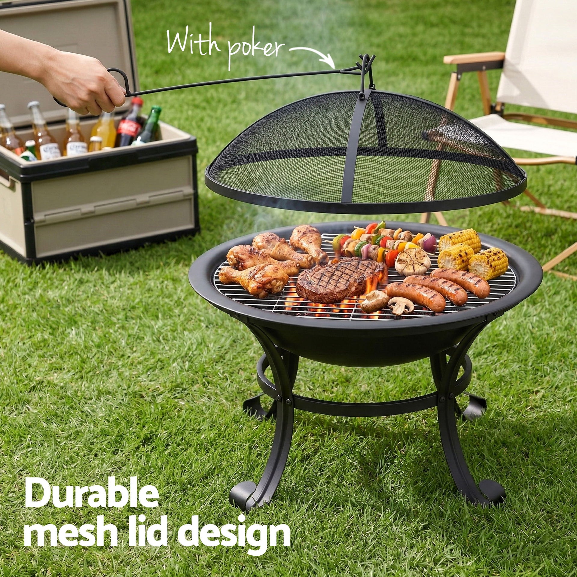 Grillz Fire Pit with Mesh Lid and Fire Picker BBQ Grill Wood Burning Outdoor Camping Awezingly