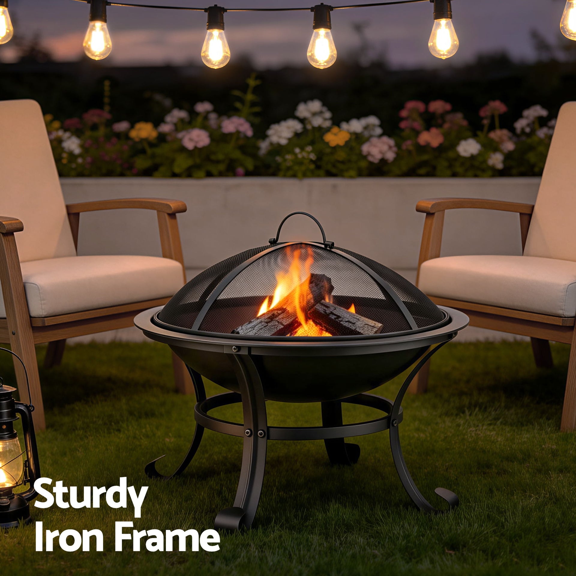 Grillz Fire Pit with Mesh Lid and Fire Picker BBQ Grill Wood Burning Outdoor Camping Awezingly