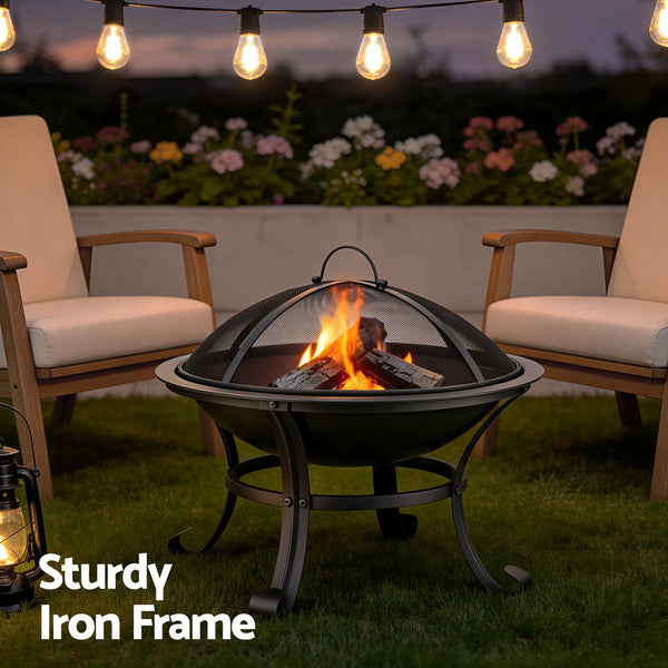 Grillz Fire Pit with Mesh Lid and Fire Picker BBQ Grill Wood Burning Outdoor Camping Awezingly