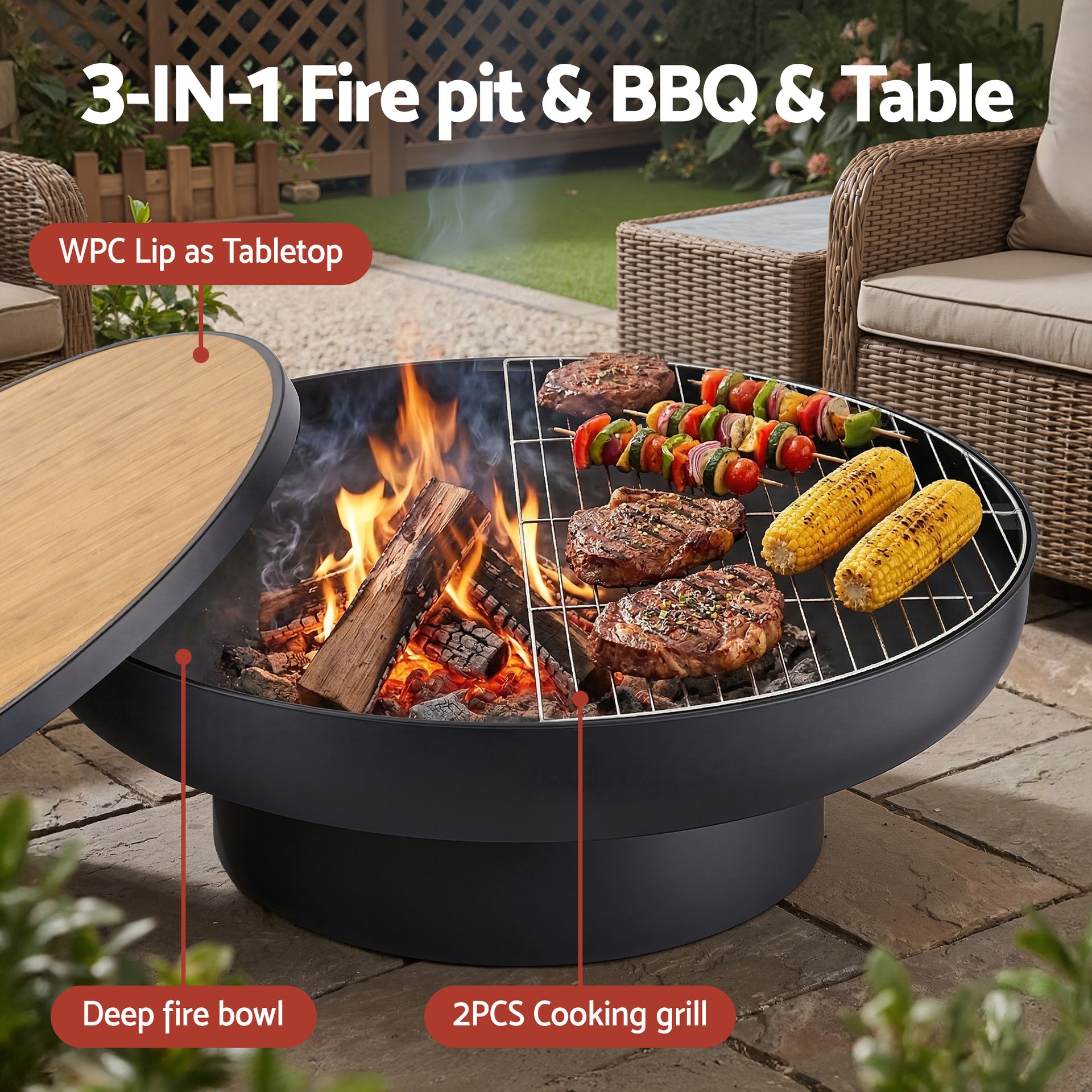 Grillz Fire Pit Table with Lid Deep Fire Bowl Wood Burning BBQ Grill for Backyard Camping Patio Picnic Awezingly
