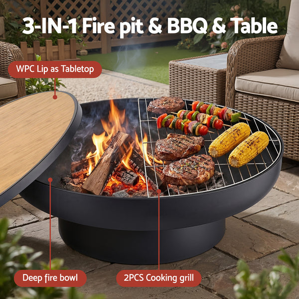 Grillz Fire Pit Table with Lid Deep Fire Bowl Wood Burning BBQ Grill for Backyard Camping Patio Picnic Awezingly