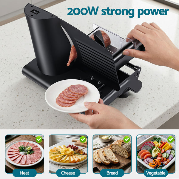 Devanti Meat Slicer Bread Vegetable, 200W Power 0-15mm Adjustable Easy Clean Stable Stainless Steel Blade Food Slicer for Kitchen Commercial, Black Awezingly