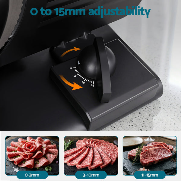 Devanti Meat Slicer Bread Vegetable, 200W Power 0-15mm Adjustable Easy Clean Stable Stainless Steel Blade Food Slicer for Kitchen Commercial, Black Awezingly