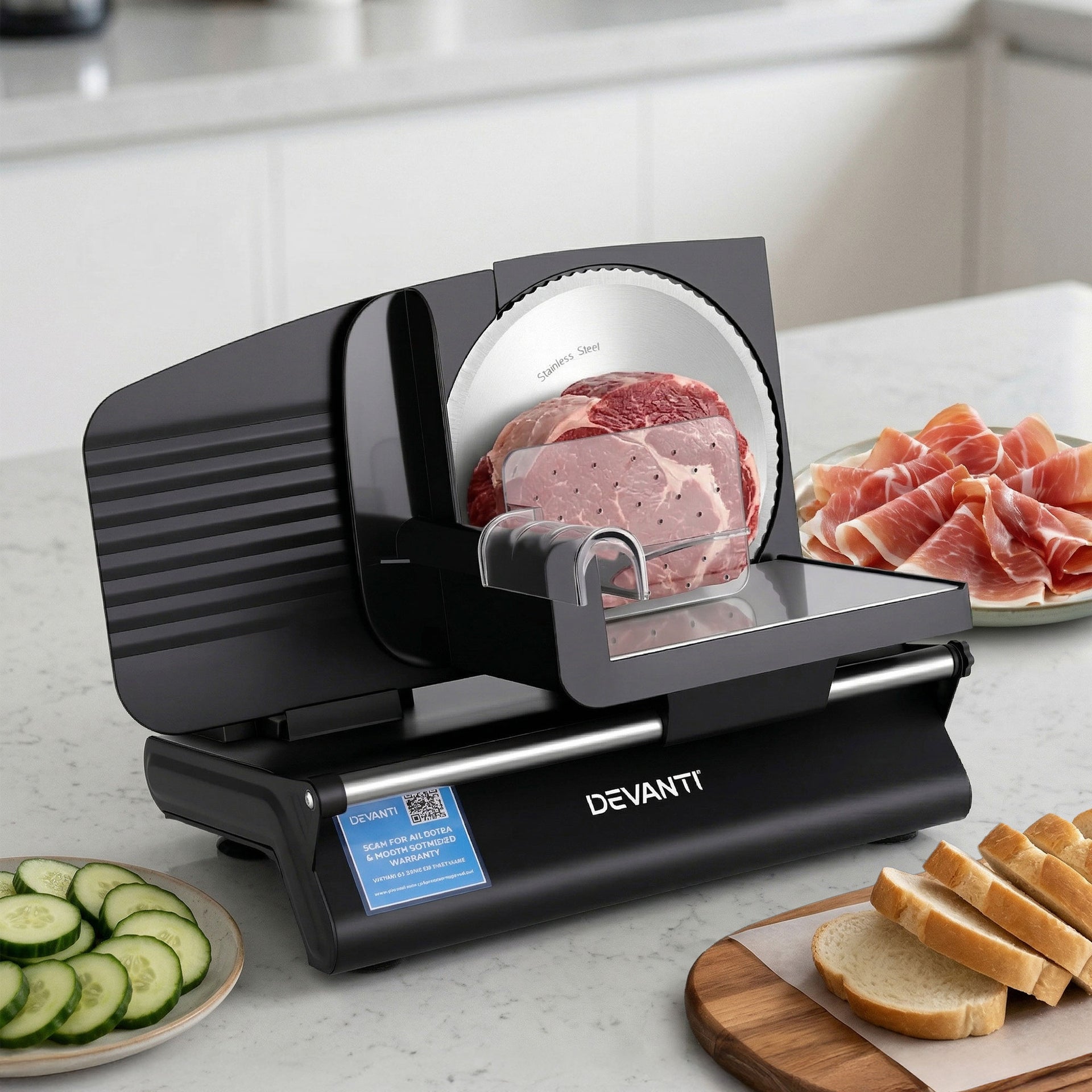 Devanti Meat Slicer Bread Vegetable, 200W Power 0-15mm Adjustable Easy Clean Stable Stainless Steel Blade Food Slicer for Kitchen Commercial, Black Awezingly