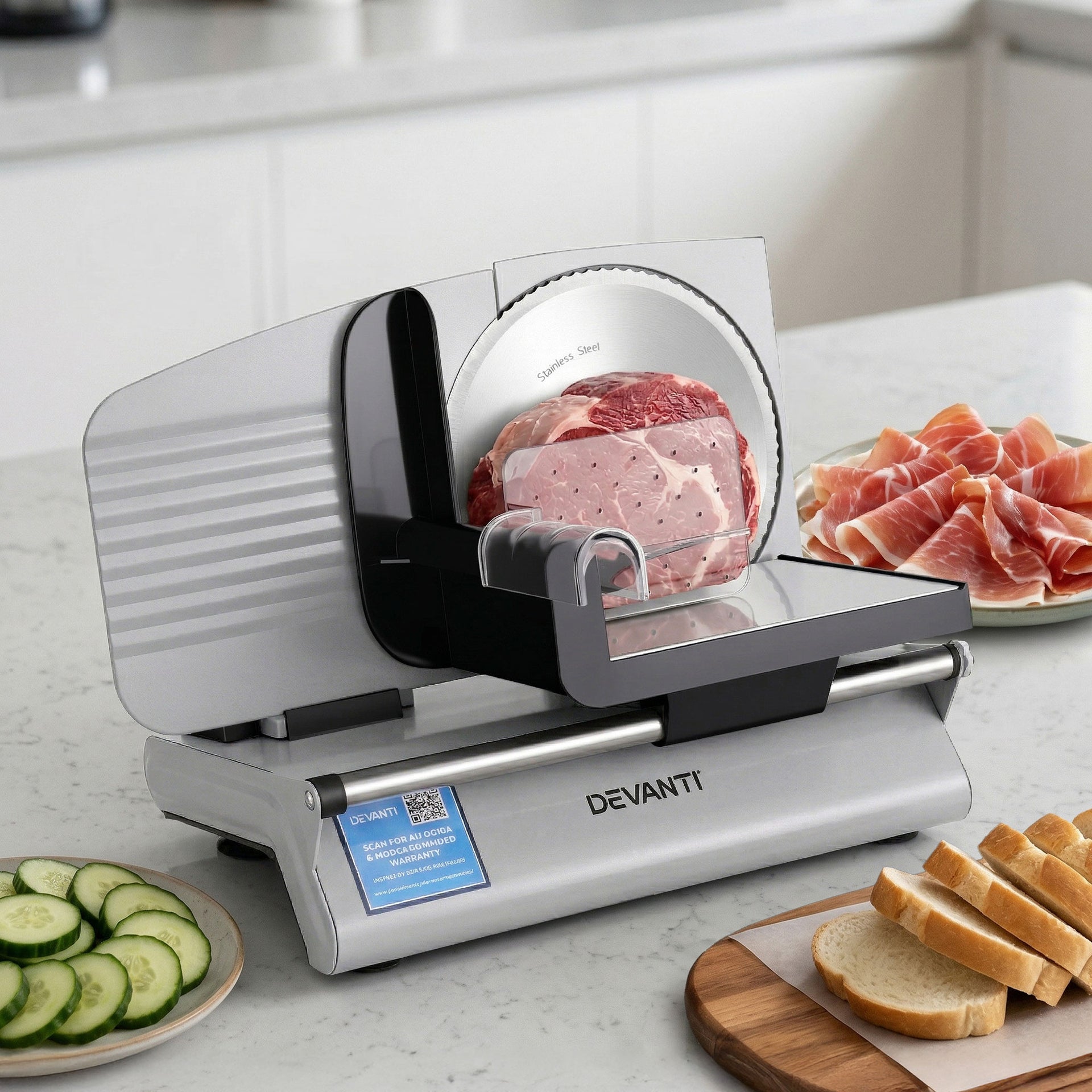 Devanti Meat Slicer Bread Vegetable, 200W Power 0-15mm Adjustable Easy Clean Stable Stainless Steel Blade Food Slicer for Kitchen Commercial, Silver Awezingly