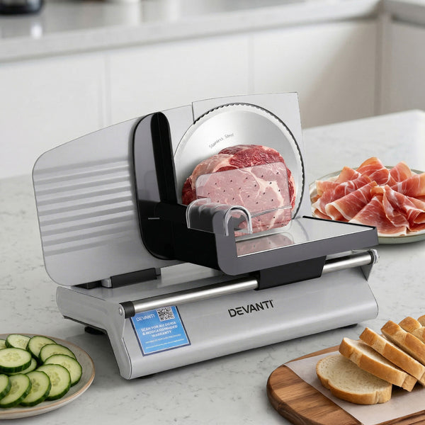 Devanti Meat Slicer Bread Vegetable, 200W Power 0-15mm Adjustable Easy Clean Stable Stainless Steel Blade Food Slicer for Kitchen Commercial, Silver Awezingly