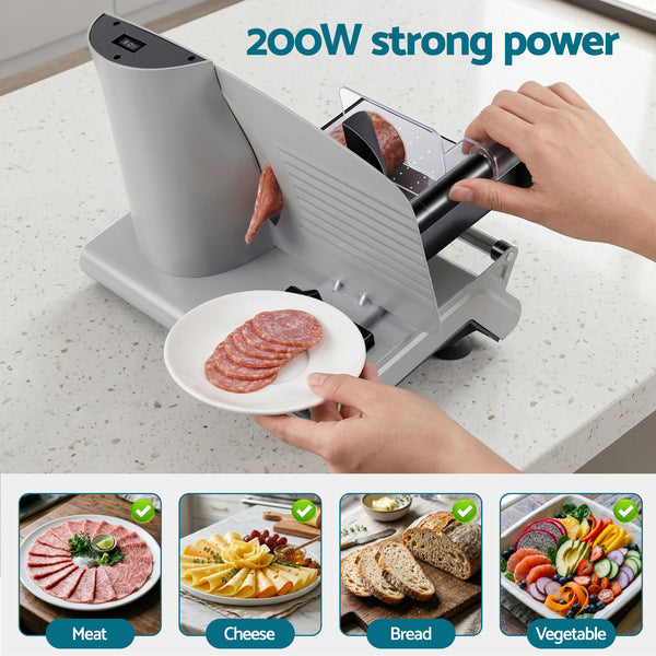 Devanti Meat Slicer Bread Vegetable, 200W Power 0-15mm Adjustable Easy Clean Stable Stainless Steel Blade Food Slicer for Kitchen Commercial, Silver Awezingly