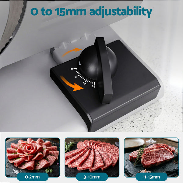 Devanti Meat Slicer Bread Vegetable, 200W Power 0-15mm Adjustable Easy Clean Stable Stainless Steel Blade Food Slicer for Kitchen Commercial, Silver Awezingly