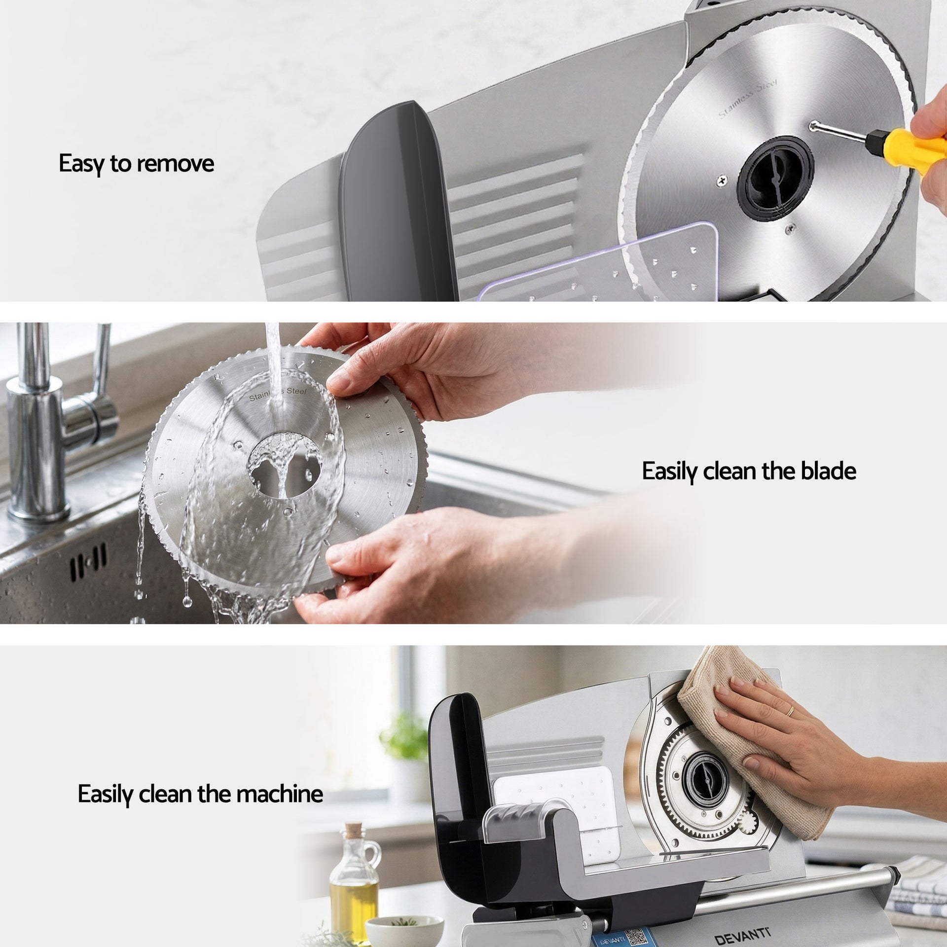 Devanti Meat Slicer Bread Vegetable, 200W Power 0-15mm Adjustable Easy Clean Stable Stainless Steel Blade Food Slicer for Kitchen Commercial, Silver Awezingly