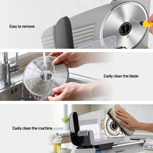 Devanti Meat Slicer Bread Vegetable, 200W Power 0-15mm Adjustable Easy Clean Stable Stainless Steel Blade Food Slicer for Kitchen Commercial, Silver Awezingly