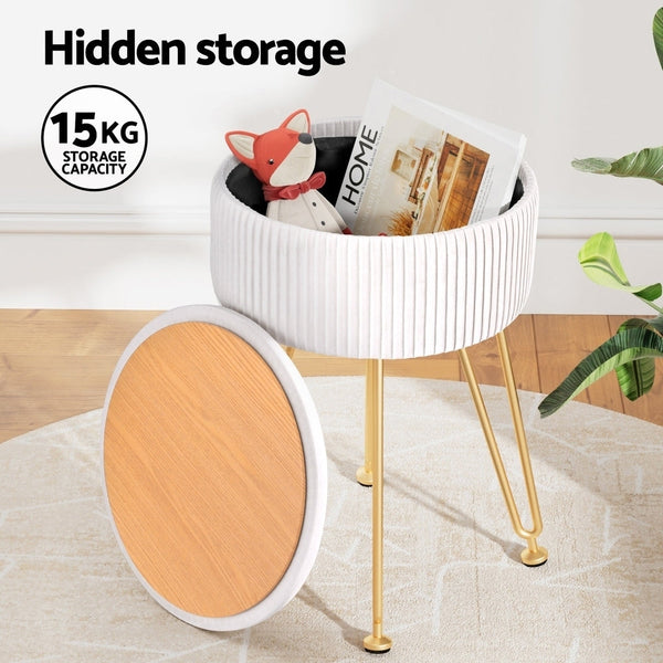 Artiss Ottoman Storage Foot Stool Vanity Velvet Round White Artiss