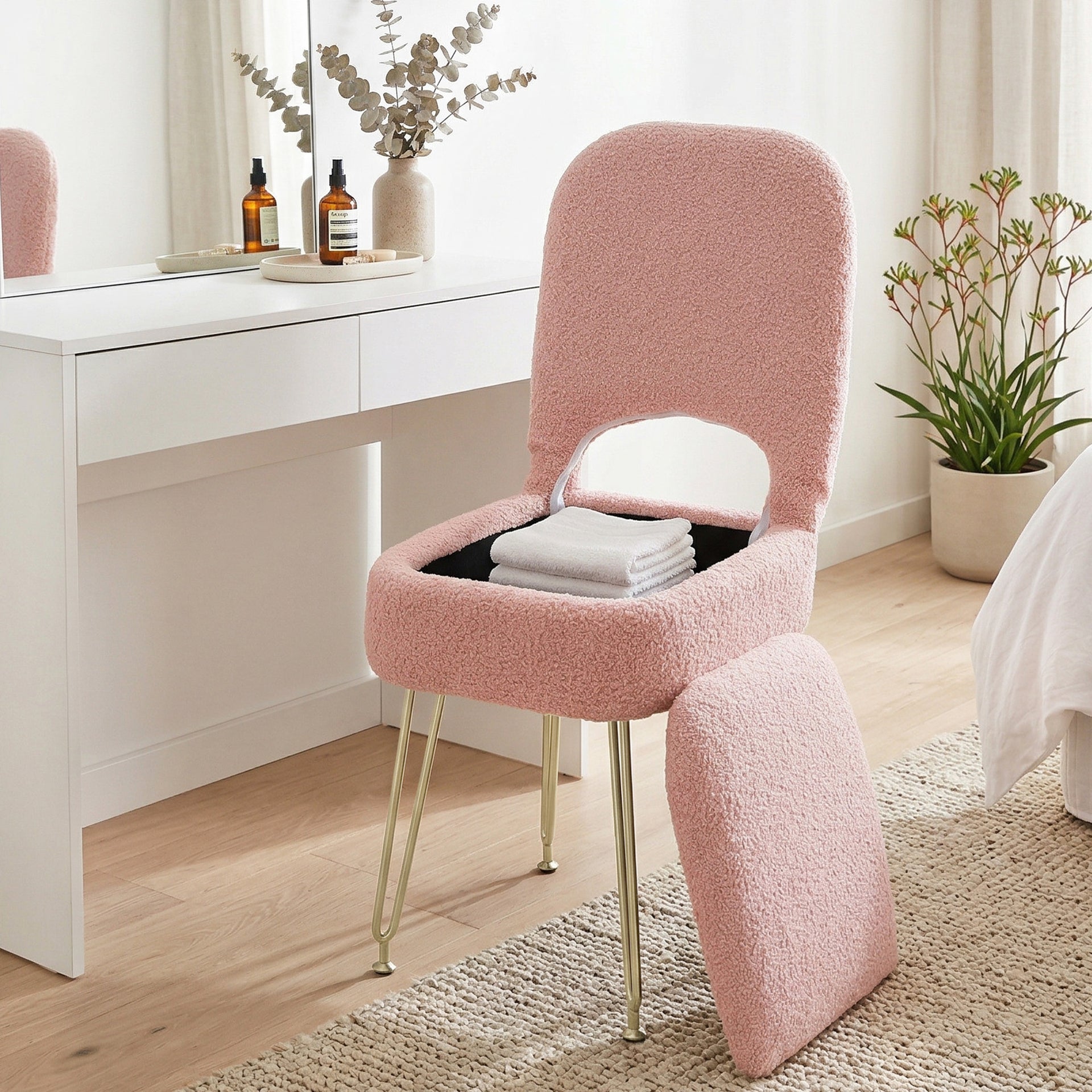 Artiss Storage Ottoman Vanity Stool Foot Stool Folding Back Pink Awezingly