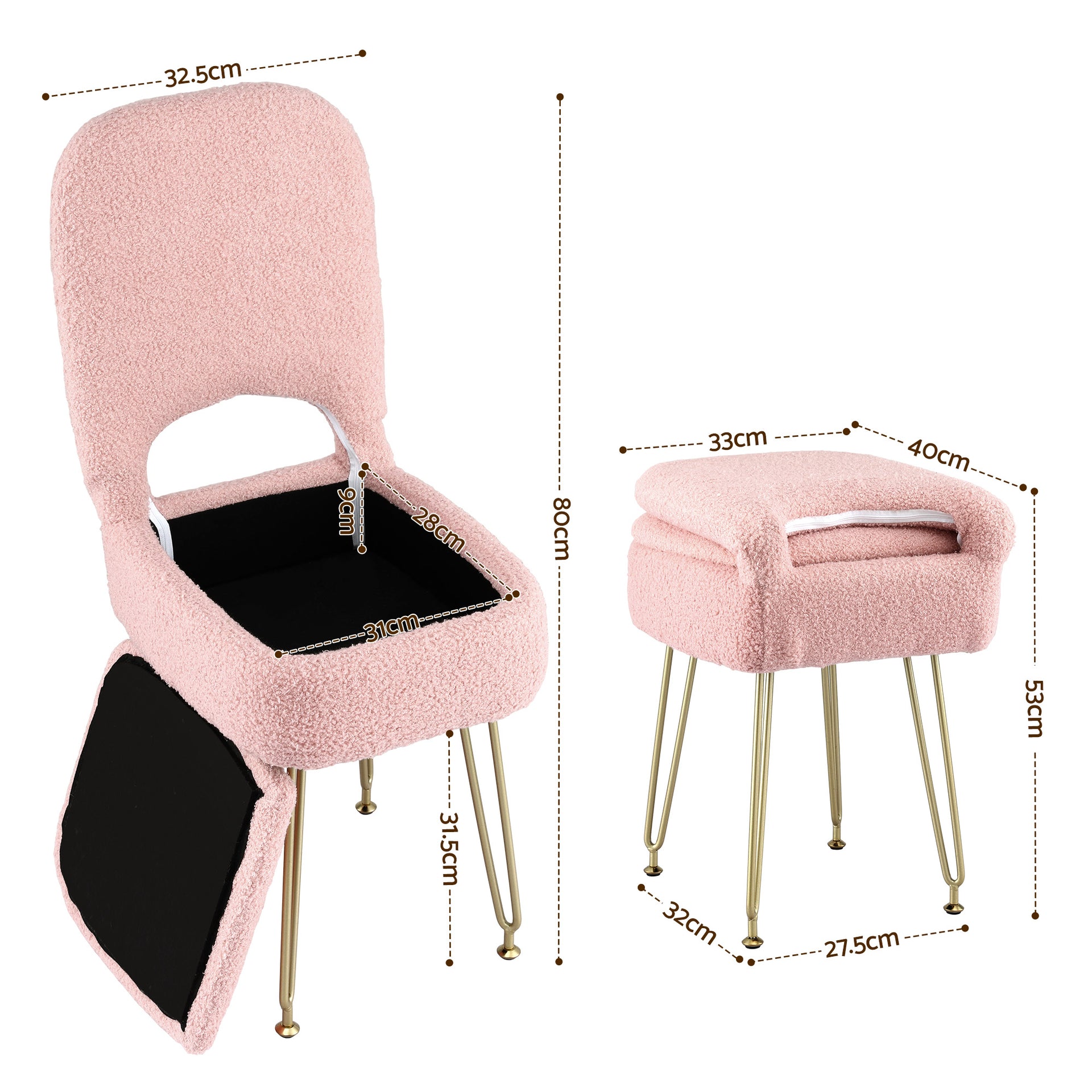 Artiss Storage Ottoman Vanity Stool Foot Stool Folding Back Pink Awezingly
