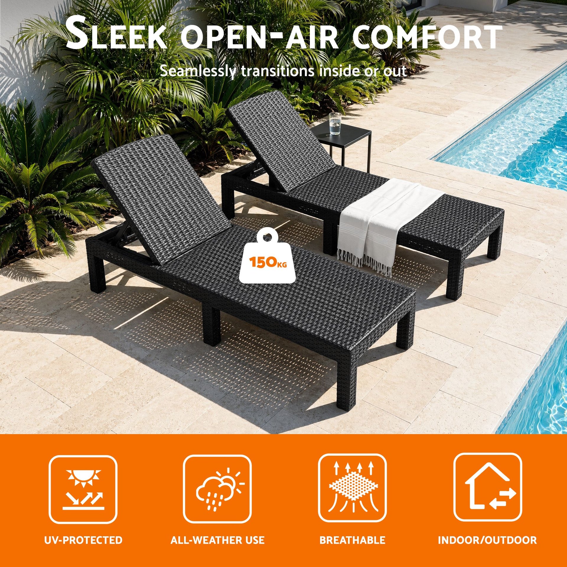 Gardeon Sun Lounge Outdoor Folding Recliner Patio Pool Beach Chair Rattan Black Awezingly