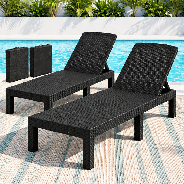Gardeon 2X Foldable Sun Lounges Outdoor Recliner Patio Beach Chair Rattan Black Awezingly
