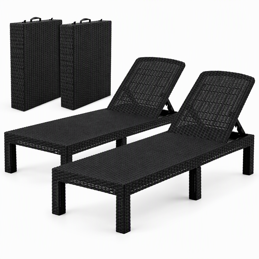 Gardeon 2X Foldable Sun Lounges Outdoor Recliner Patio Beach Chair Rattan Black Awezingly
