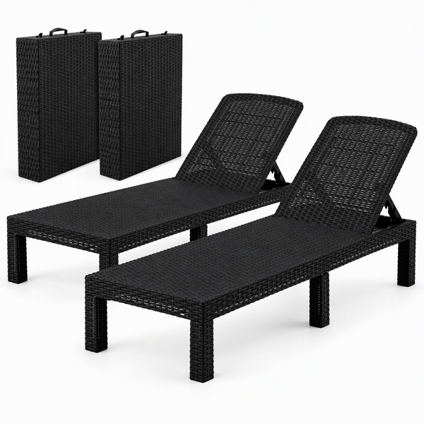 Gardeon 2X Foldable Sun Lounges Outdoor Recliner Patio Beach Chair Rattan Black Awezingly