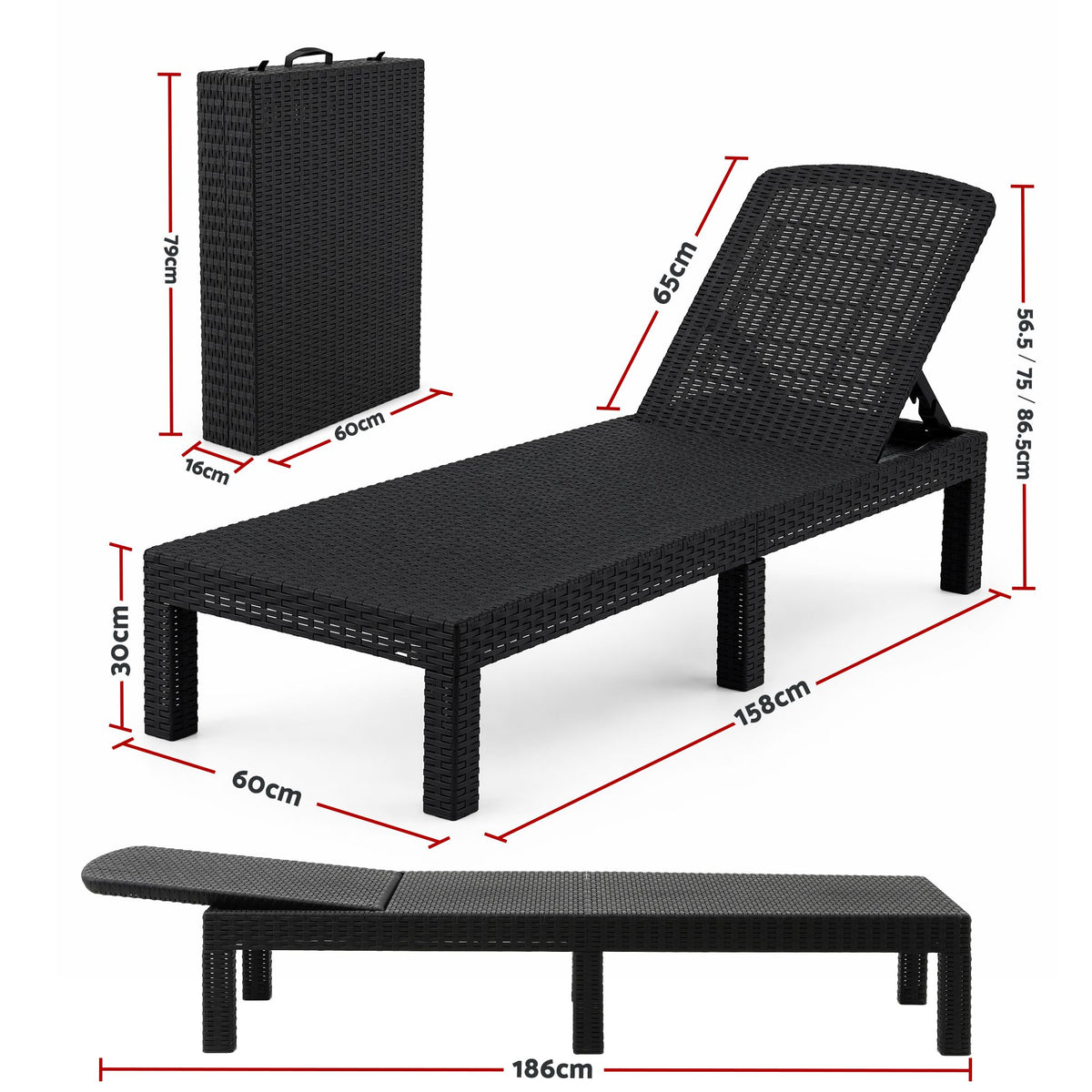 Gardeon 2X Foldable Sun Lounges Outdoor Recliner Patio Beach Chair Rattan Black Awezingly