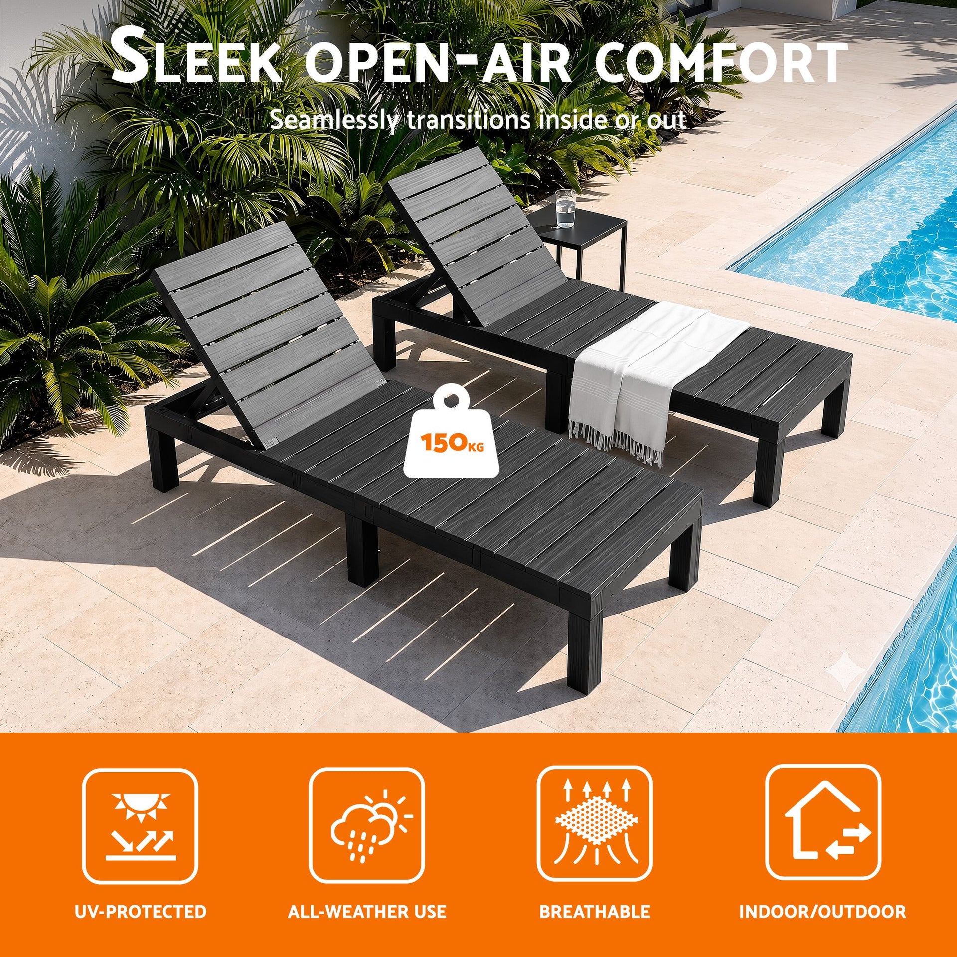 Gardeon Sun Lounge Outdoor Folding Recliner Patio Pool Beach Chair Slatted Black Devanti