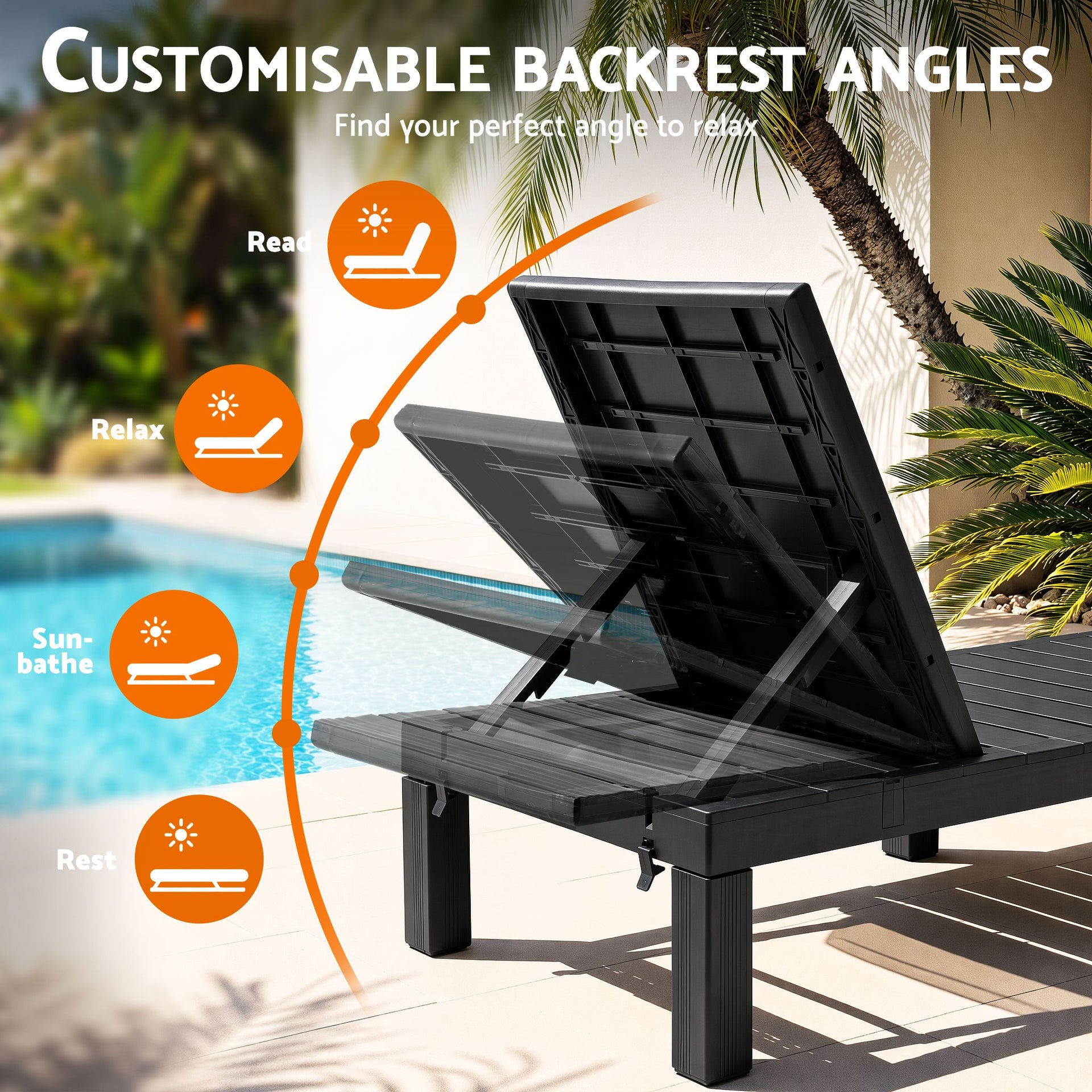 Gardeon Sun Lounge Outdoor Folding Recliner Patio Pool Beach Chair Slatted Black Devanti
