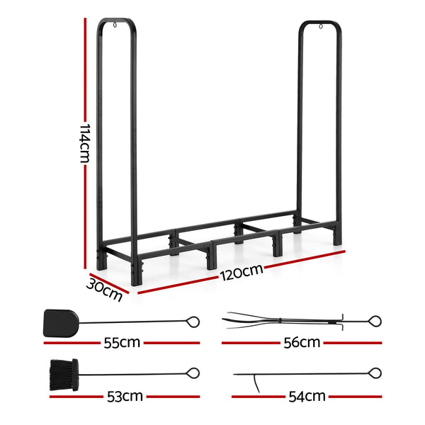 Gardeon Firewood Rack 120cm Wood Rack 3 Sizes Firewood Storage with Tools Black Gardeon