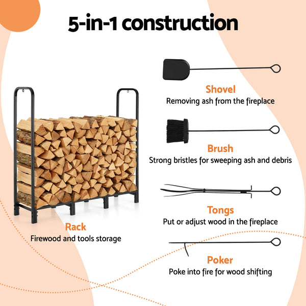 Gardeon Firewood Rack 120cm Wood Rack 3 Sizes Firewood Storage with Tools Black Gardeon