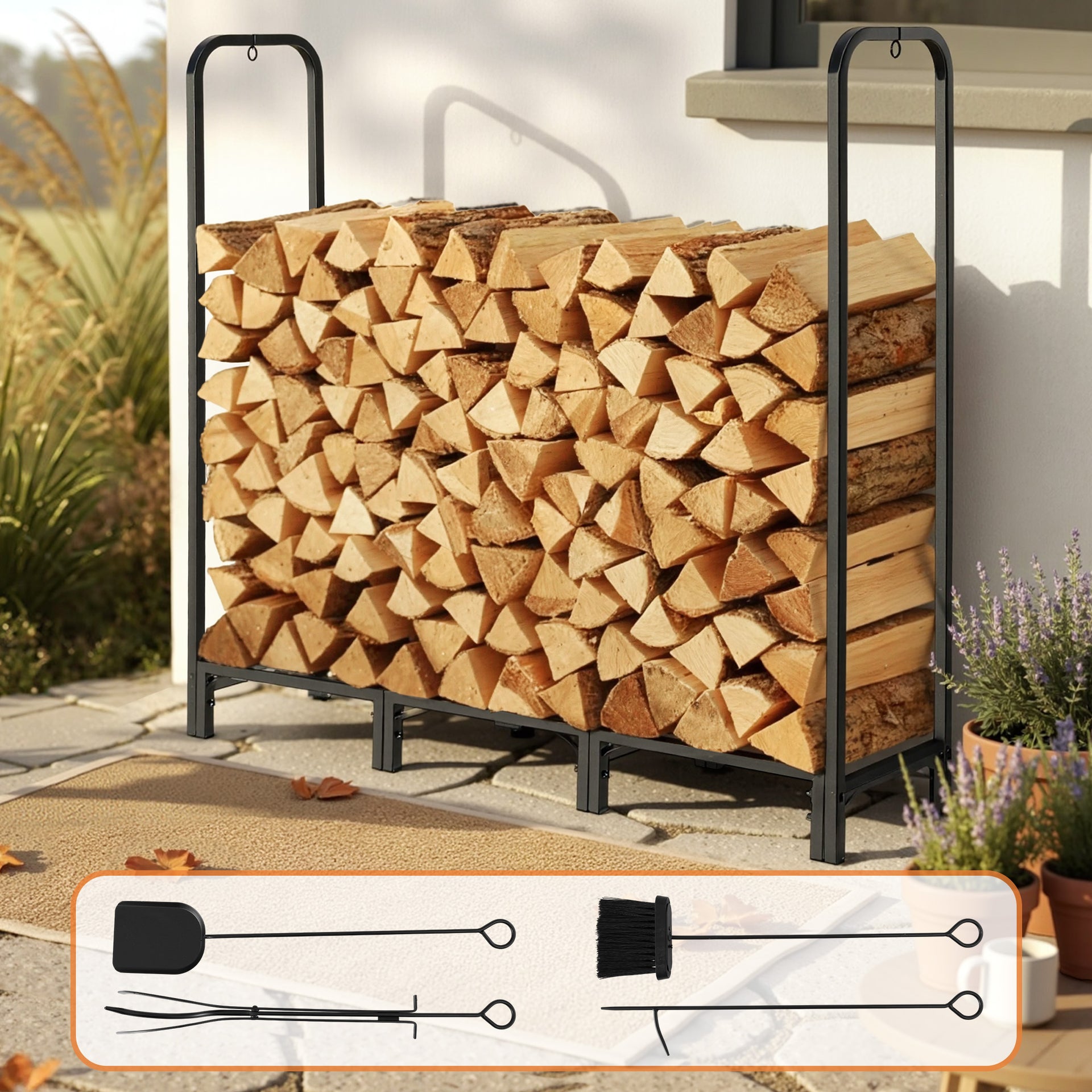 Gardeon Firewood Rack 120cm Wood Rack 3 Sizes Firewood Storage with Tools Black Gardeon