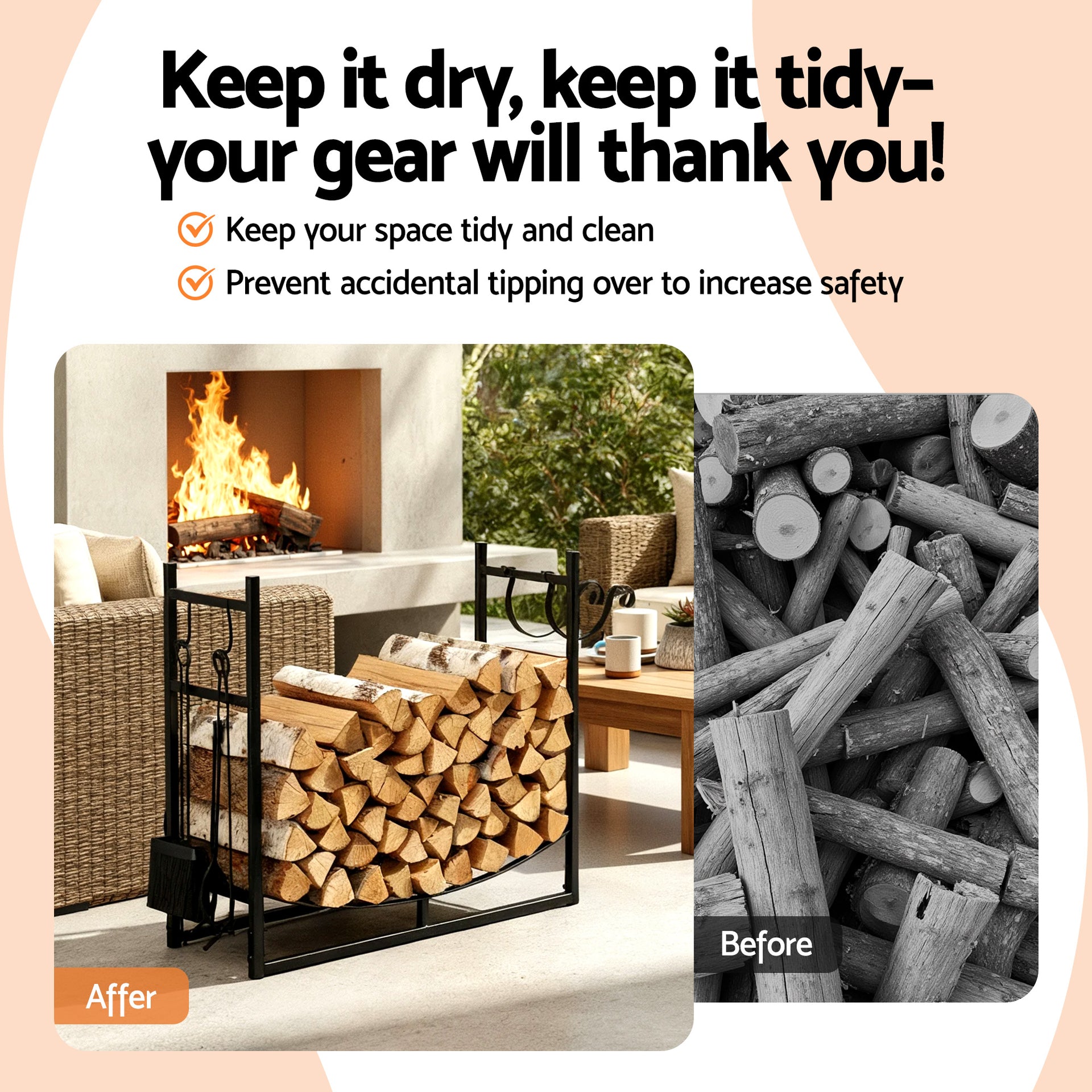 Gardeon Firewood Rack 84cm Wood Rack Firewood Storage Indoor Outdoor Black Gardeon