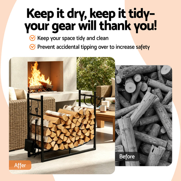 Gardeon Firewood Rack 84cm Wood Rack Firewood Storage Indoor Outdoor Black Gardeon