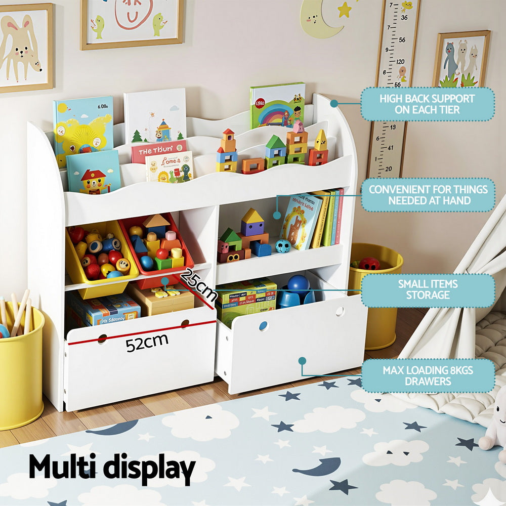 Keezi 3 Tiers Kids Bookshelf Storage Children Bookcase Toy Box Organiser Display White Keezi
